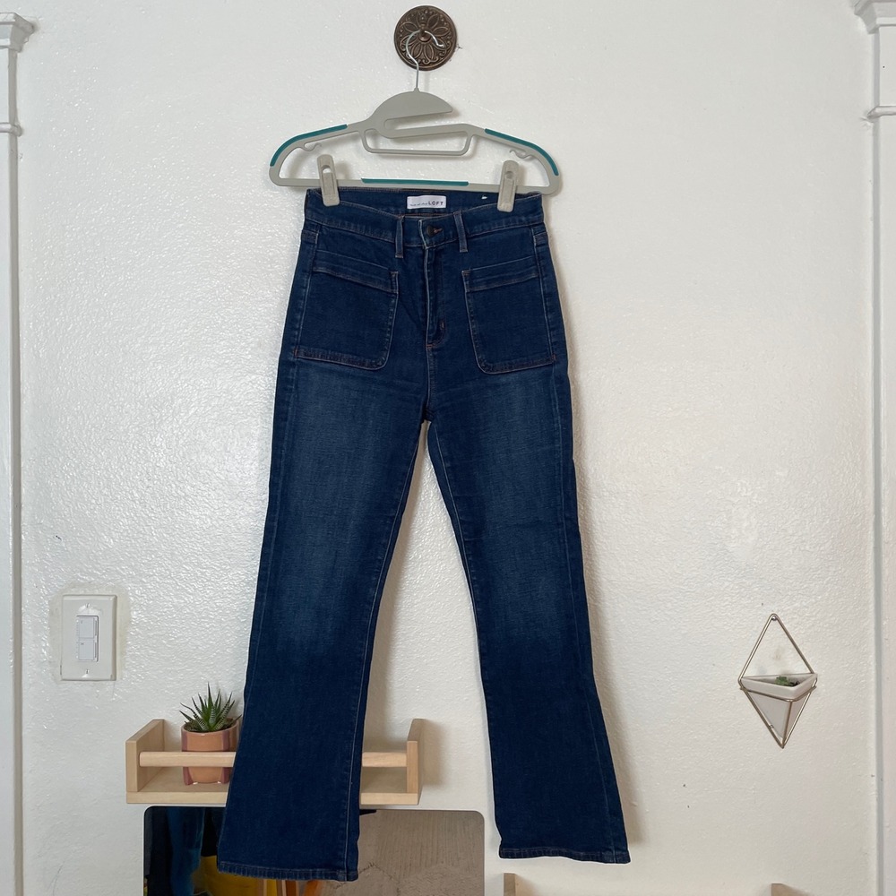 LOFT The Kick Crop Jeans Dark Wash High Rise Front Patch Pocket Size 2 26